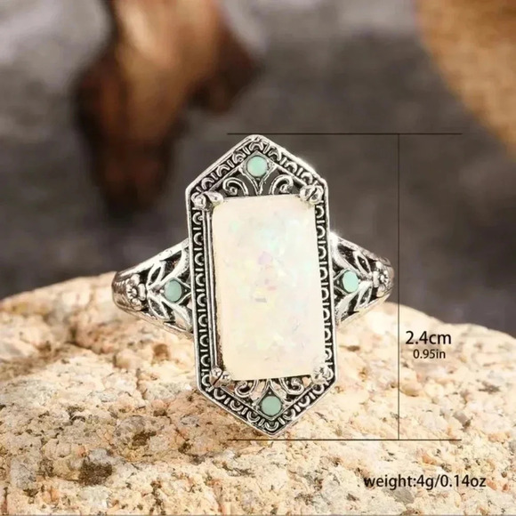 Square White Opal Antique Silver Ring - Picture 2 of 4